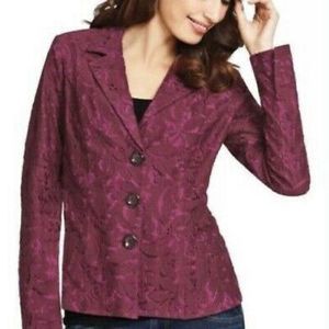 CAbi Lace Overlay Frolic Plumberry Blazer Jacket Size 8 Womens Wine Plum